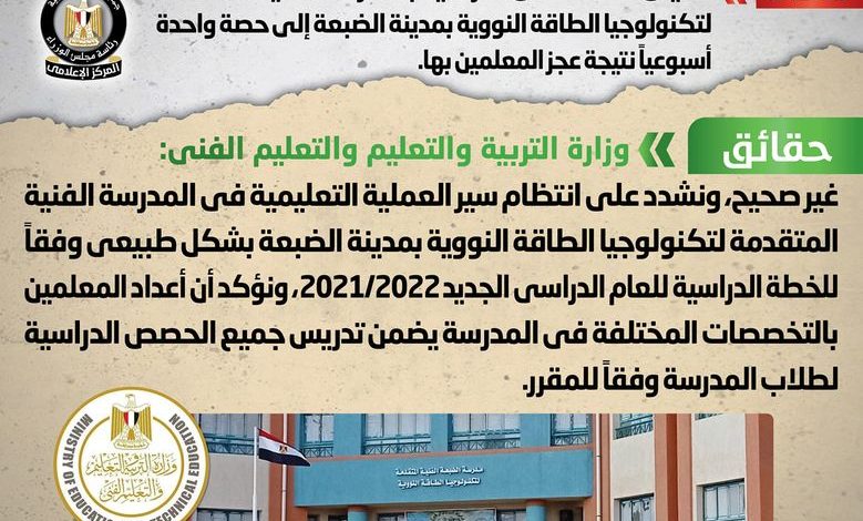 الحكومة تكشف حقيقة عجز المعلمين بالمدارس الفنية في الضبعة