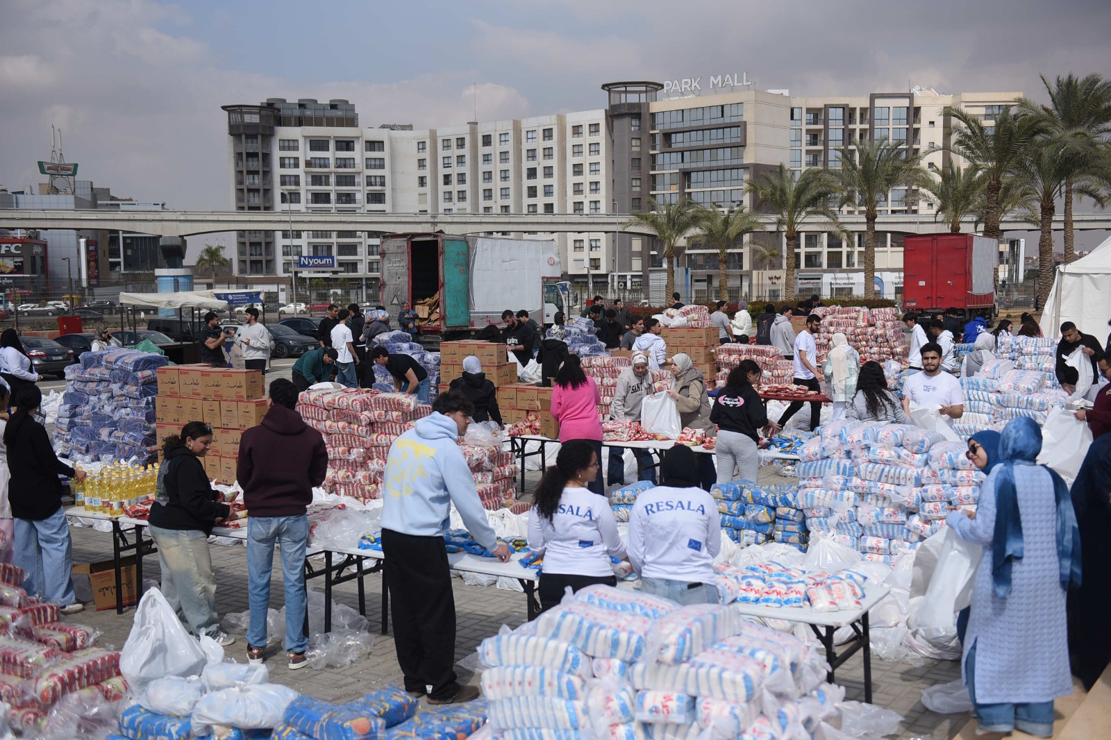 طلاب الجامعة الأمريكية بالقاهرة يجهزون 6000 كرتونة مواد غذائية لرمضان